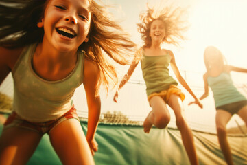 Fototapeta na wymiar Joyful Moments: Young Girls Playing on a Trampoline