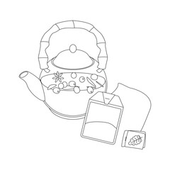 Sea buckthorn tea in a teapot. Hello autumn. Autumn season element, icon. Line art.