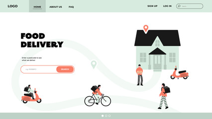 Food delivery home page. Food delivery characters illustration, food delivery driver, food delivery service.