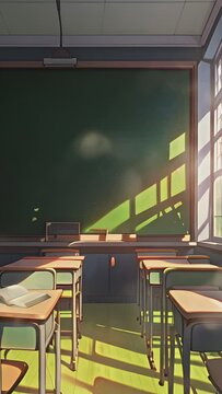 empty classroom with big green chalkboard, tables and chairs. Back to School Cartoon or Japanese anime watercolor painting illustration style. seamless looping virtual vertical video background.