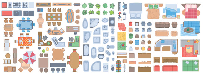 Set of icons for interior design. View of the furniture from above. Elements for the floor plan. Top view. Furniture and elements for living room, bedroom, kitchen, bathroom, office, balcony, garden.