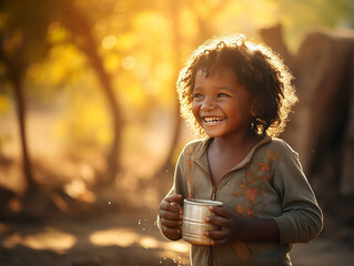 Contented african child with cup of water - obrazy, fototapety, plakaty