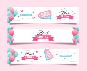 Black Friday sale banners, flyers, background, cards. A set of colorful posters with balloons and frames. Templates for holidays, invitations, business and social media. Vector illustration.