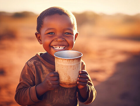 Contented african child with cup of water