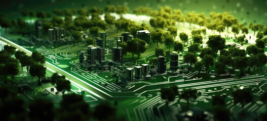 Digital city with high speed information and power grid. Digital community, smart society. DX, Iot, urban and rural nature areas digital network. digital society concept. Hand edited generative AI. 