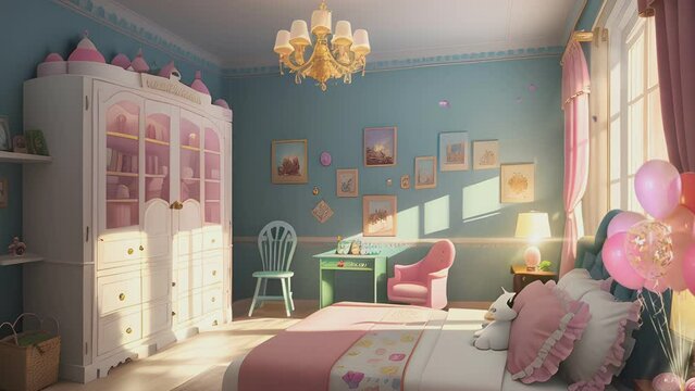 cute and funny kid's or girls bedroom with aesthetic pastel colors. Cartoon or anime illustration style. seamless looping time-lapse virtual video animation background.