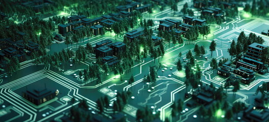 Digital city with high speed information and power grid. Digital community, smart society. DX, Iot, urban and rural nature areas digital network. digital society concept. Hand edited generative AI.  - obrazy, fototapety, plakaty