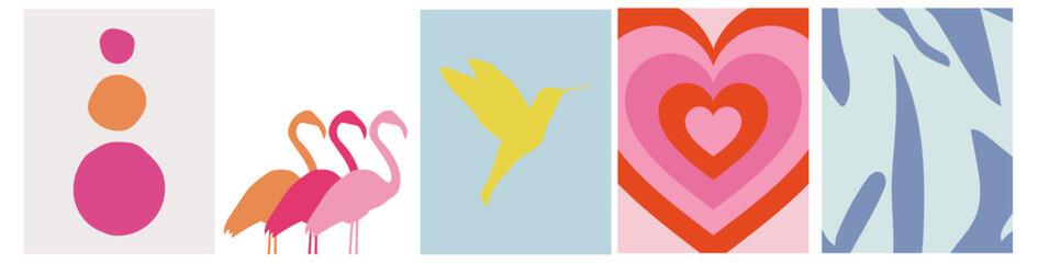 collection of modern simple posters of abstractions: heart, hummingbird, flamingo, geometric shapes (circles and stripes) on a colored background