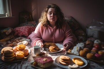 fat girl sitting at table with junk food - Powered by Adobe
