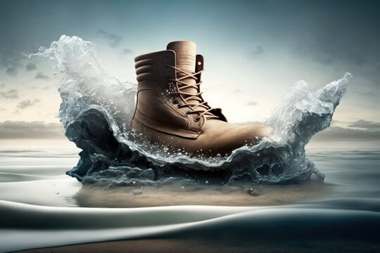Close up of a hiking or trekking boot entering the water. Waterproof shoes. Generative AI.