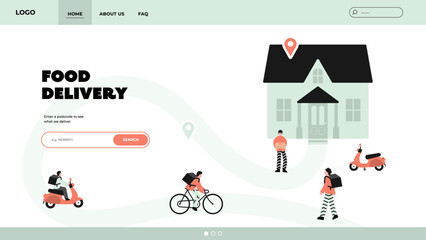 Food delivery home page. Food delivery characters illustration, food delivery driver, food delivery service.