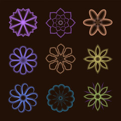Simpie flowers set, neon colors on dark brown background. Vector illustration.