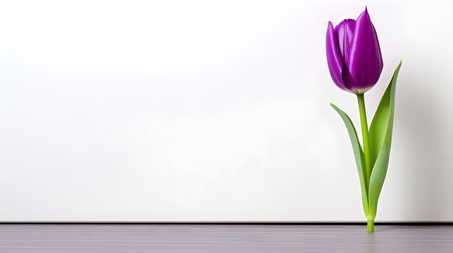 A single tulip is in a white room with a white wall as a background and a purple floor Generative AI illustrations