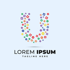 Colorful u letter logo template with polka dot circle and square shape pixel