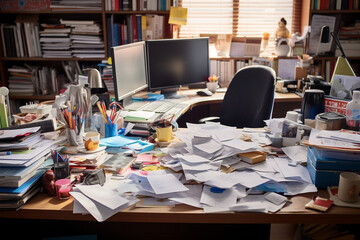 A busy & messy business office desk