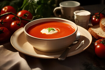 Lunch, tomato thick soup with cream in a plate with vegetables and bread on the table, close-up vegetarian food