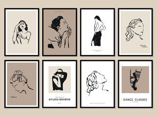 Abstract poster collection with woman silhouettes and flowers illustrations for modern art gallery
