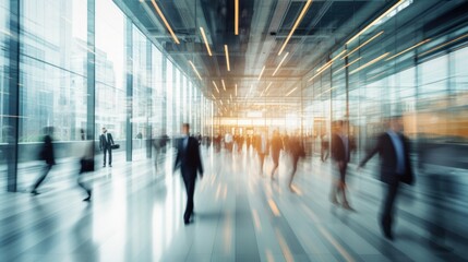 Blurred group of busy business people moving through a corporate office space