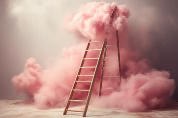 Ladder reaching towards a cloud on a pink background