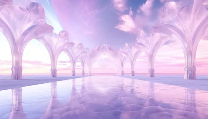Keuken foto achterwand Purper abstract fantasy landscape with water, rocks, mirror arch, neon frame and cloud. minimalist aesthetic wallpaper