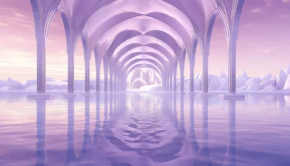 Cercles muraux Violet abstract fantasy landscape with water, rocks, mirror arch, neon frame and cloud. minimalist aesthetic wallpaper