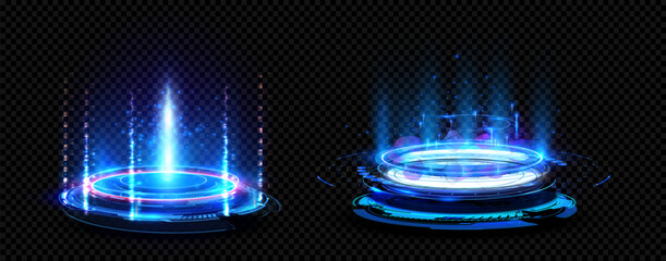 Fototapeta na wymiar Futuristic hologram portal, magic teleport or level up effect. Glowing neon circle with light sparkles for game. Magic or cyberpunk hologram port with flare and light circle portal, podium. Vector