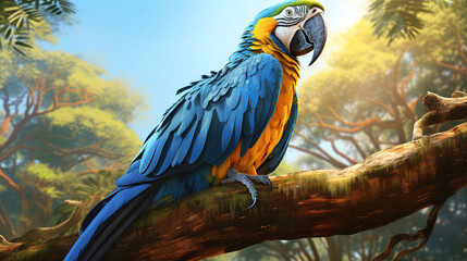 Blue and Yellow Macaws in the morning sun. Generative AI