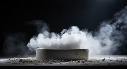 Podium or pedestal with smoke in the dark concrete floor grunge texture background, Gray textured concrete platform, light, fog, asphalt, copy space, generative ai - obrazy, fototapety, plakaty