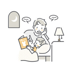 子どもが寝る前に本を読んであげる若いお父さん　シンプルでお洒落な線画イラスト