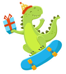 Cute Dinosaur Skating With Birthday Hat And Gift
