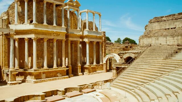 Amphitheatre of Merida, Extremadura, Spain, an impressive Roman relic of 15 BC, whispers tales of ancient gladiatorial drama under the Spanish sun