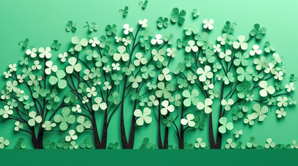 Green shamrock four leaf clover green background, generative AI.