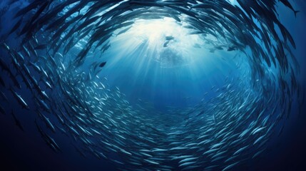 School of fish swimming under water of sea. Underwater life. World ocean day concept. AI...