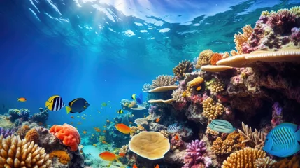 Foto auf Acrylglas Unterwasser Ocean coral reef underwater. Sea world under water background. Beautiful view of sea life. Ecosystem. AI photography..