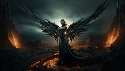 An angel, an archangel in the form of a stone female statue stands in a gloomy hell, a dark place forgotten by God among mountains and fire. Made in AI