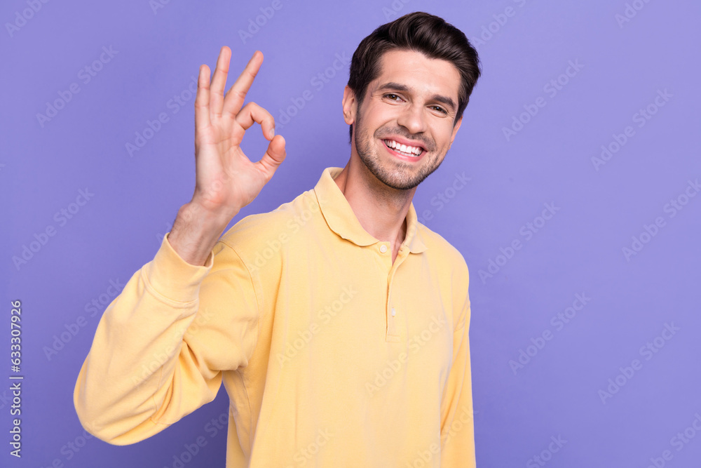 Sticker Photo of cheerful nice person toothy smile arm fingers demonstrate okey symbol approval isolated on violet color background