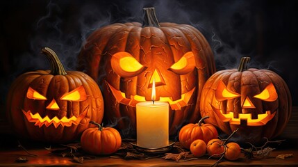 Fototapeta premium Jack lantern in autumn forest. Night in the forest. Dry autumn leaves. Burning candles. Halloween background.