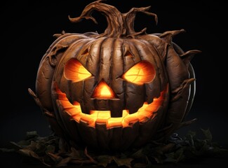 Jack lantern in autumn forest. Night in the forest. Dry autumn leaves. Halloween background.