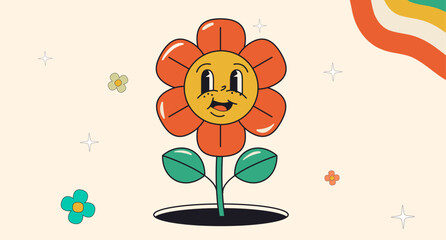 Groove style flower. Retro cartoon character. Retro sticker. Retro poster. desktop screensaver