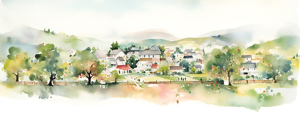 Autumn apple village.Japanese landscape in watercolor. Art for landscape backgrounds. Generative AI