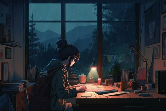 An anime girl sits near the window and reads a book in the cozy, dark room on a rainy day. Lo-fi background, music background