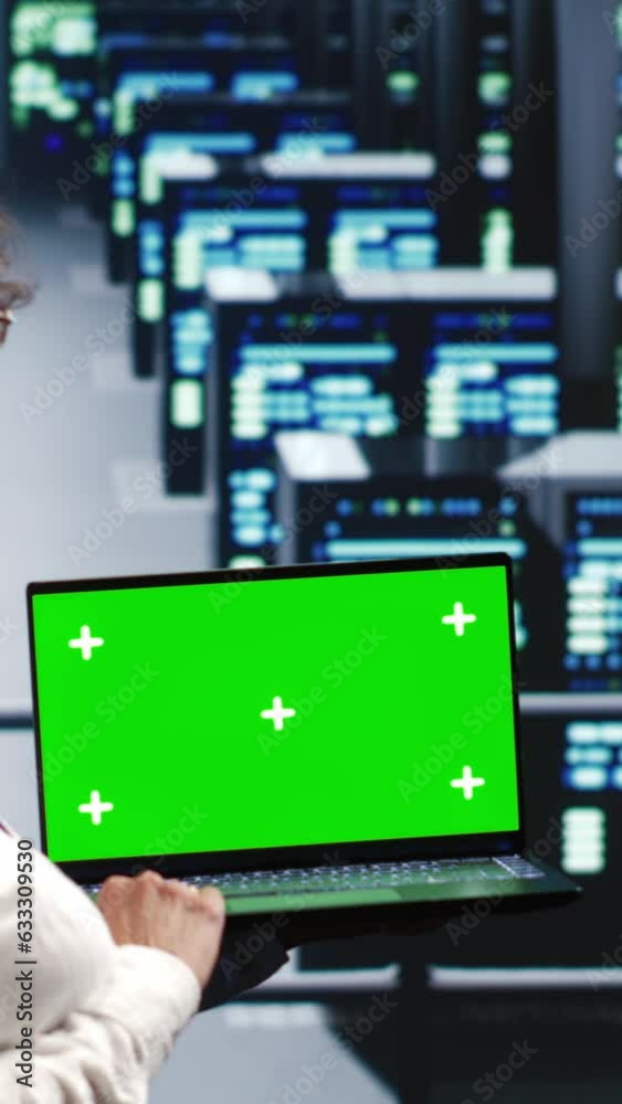 Poster vertical video licensed tech support in server farm housing high end supercomputers capable of quick