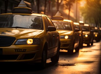 Photo of several yellow taxi on street in summer afternoon. Created with Generative AI technology.
