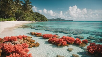Naklejka premium Tropical wonderland: clear waters caress a vibrant coral reef, adorning a lush beach with nature's underwater symphony of colors.