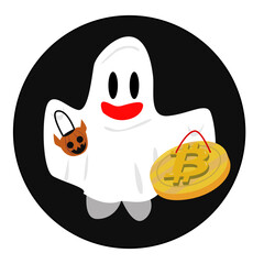Halloween concept, flat garoon Devil's pumpkin costume on Halloween night with bitcoin coins