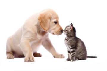 cat and dog looking isolated on white