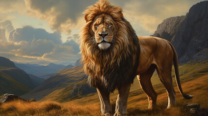 Majestic lion standing on the mountains. Generative AI