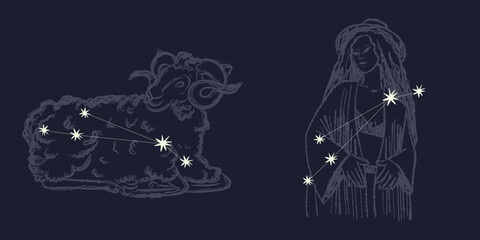 vintage retro engraving style. zodiac sign and astrology. printing on gold foil. modern style of tattoo on clothes. nude style. for printing on fabric and packaging