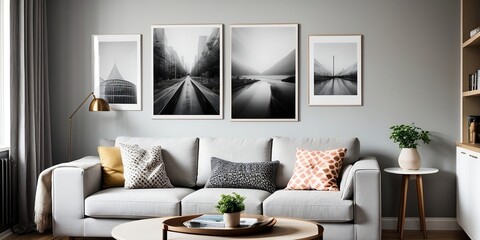 Minimal room with a gray sofa, posters, and frames decoration.