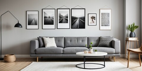 Minimal room with a gray sofa, posters, and frames decoration.
